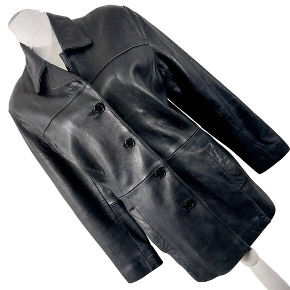 CHARLES KLEIN! SLEEK, CHIC BLACK GENUINE LEATHER TAILORED JACKET, COAT! SZ M - Picture 1 of 12